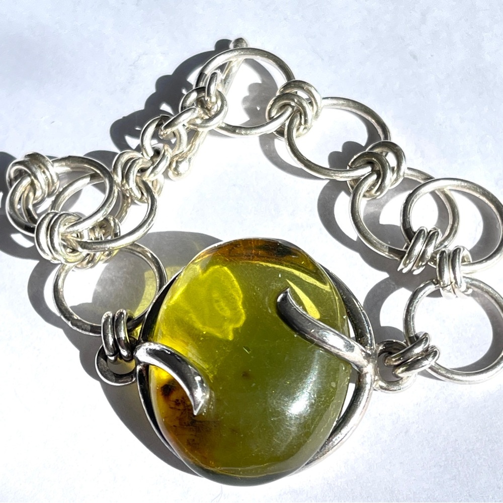 Lyrical Green Amber Sterling Silver Chain Bracelet
